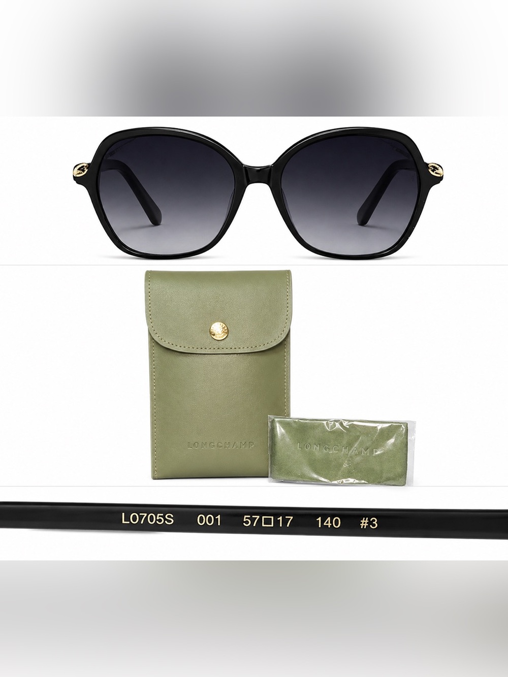 Longchamp Black Frame Sunglasses with Olive Case